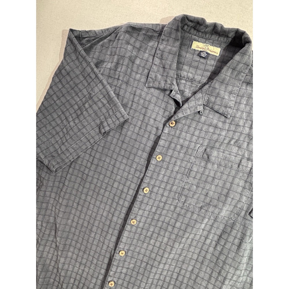 Tommy Bahama Camp Loop Collar Shirt Men XXL Black 100% Silk Check Hawaiian Beach